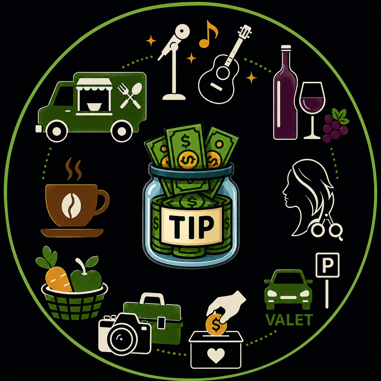 Local businesses and services supported by TapTapTips, including a food truck, performer, winery, salon, valet, farmers market, independent services, charity, and coffee shop