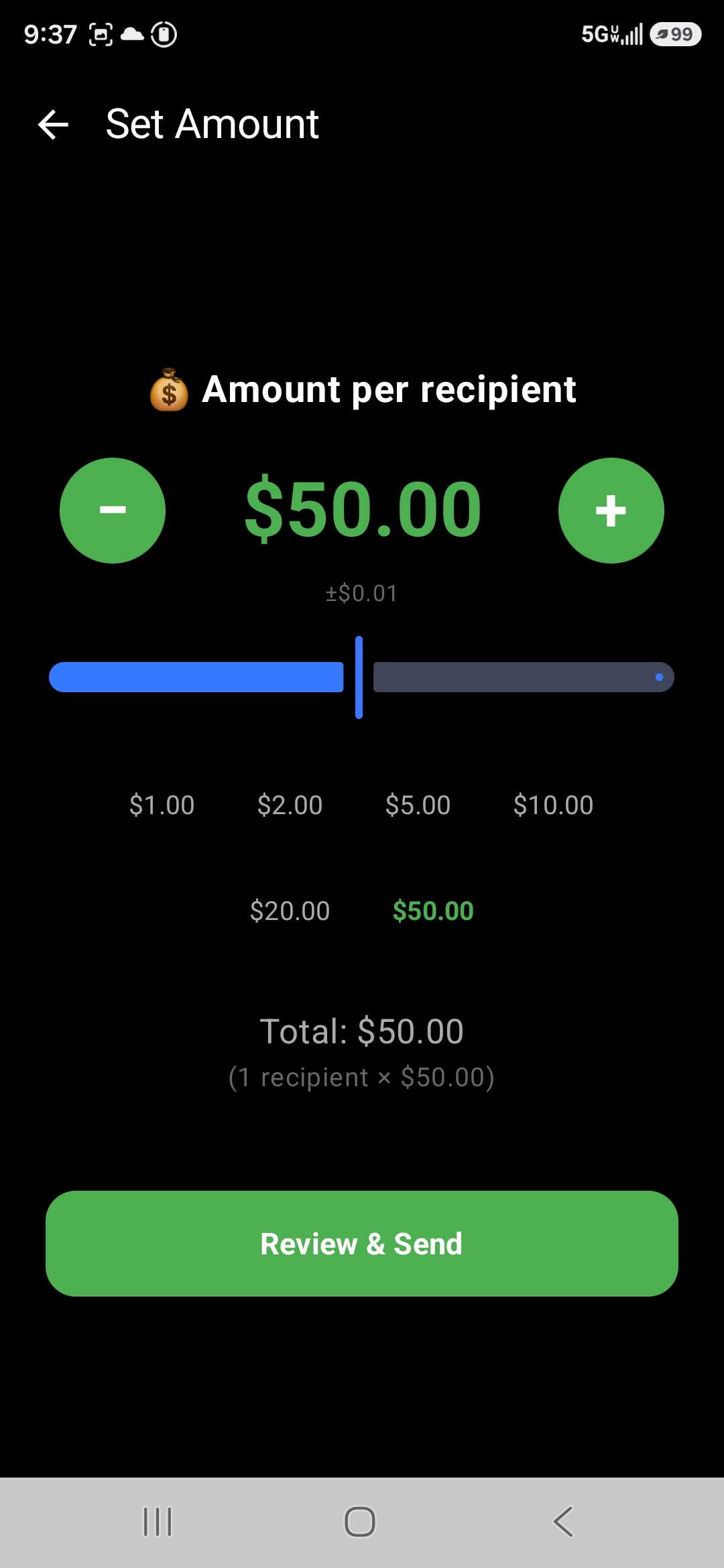 TapTapTips set amount screen showing five dollars for one recipient